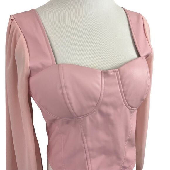 ASOS Parisian Bubblegum Pink Vegan Leather Bustier Sheer Sleeve Top 10 - Picture 4 of 11